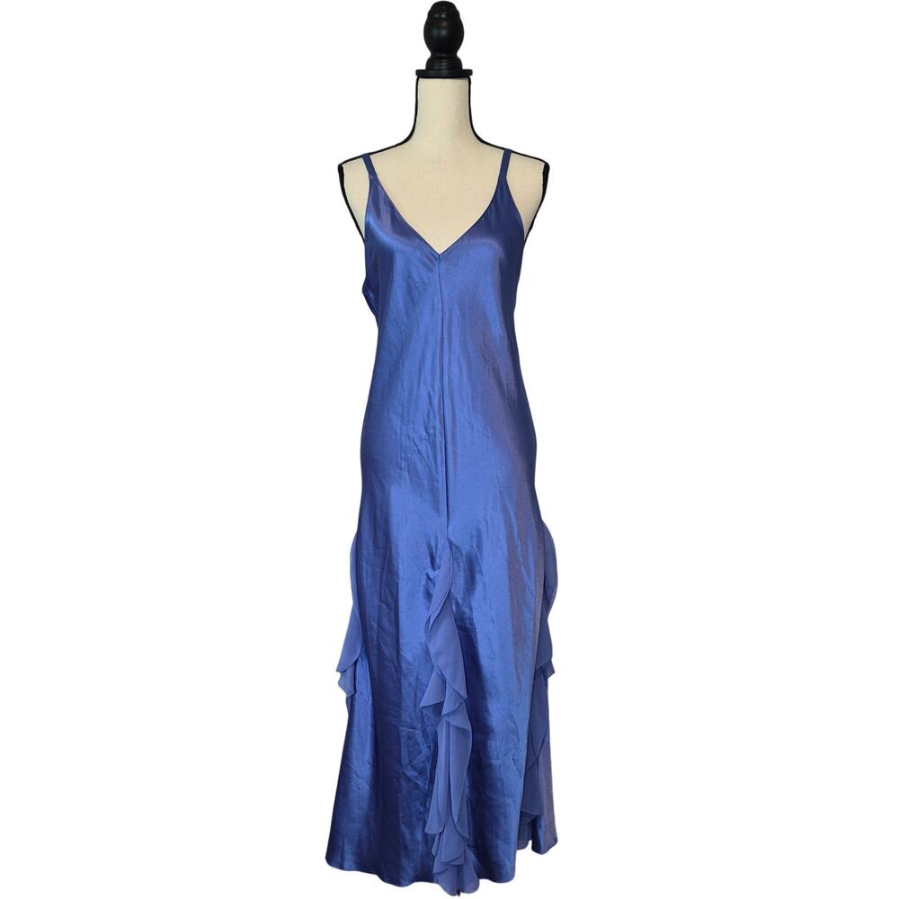 Oscar de la Renta Vintage Blue Satin Ruffle Slip Maxi Dress Gown Sleepwear M